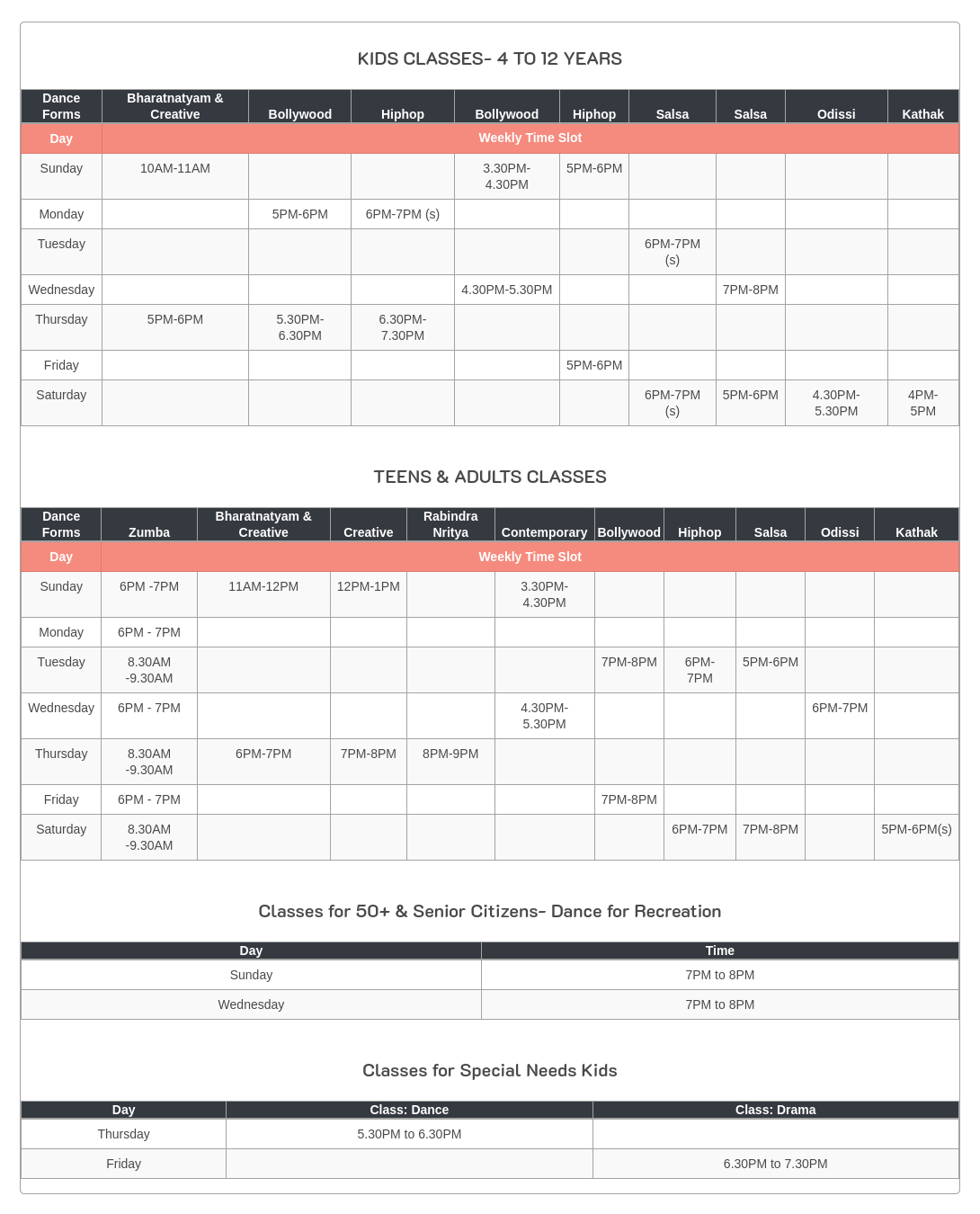Calcutta Dance Academy Time Schedule